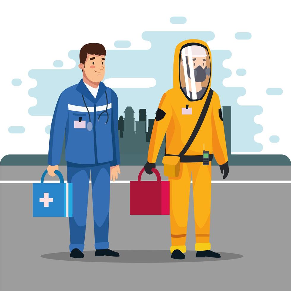 biohazard cleaning person with paramedic in the city vector