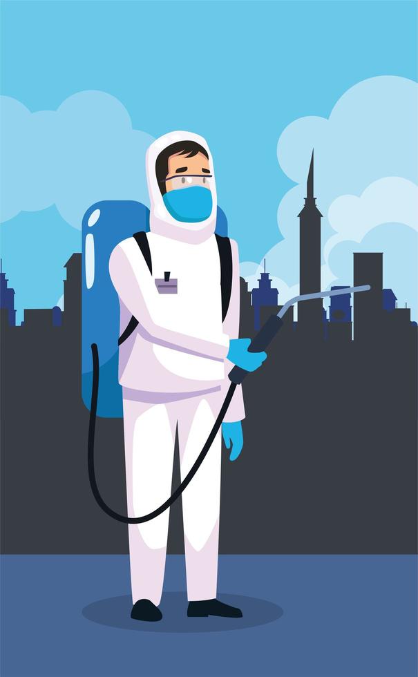 biohazard cleaning person with sprayer on the city vector