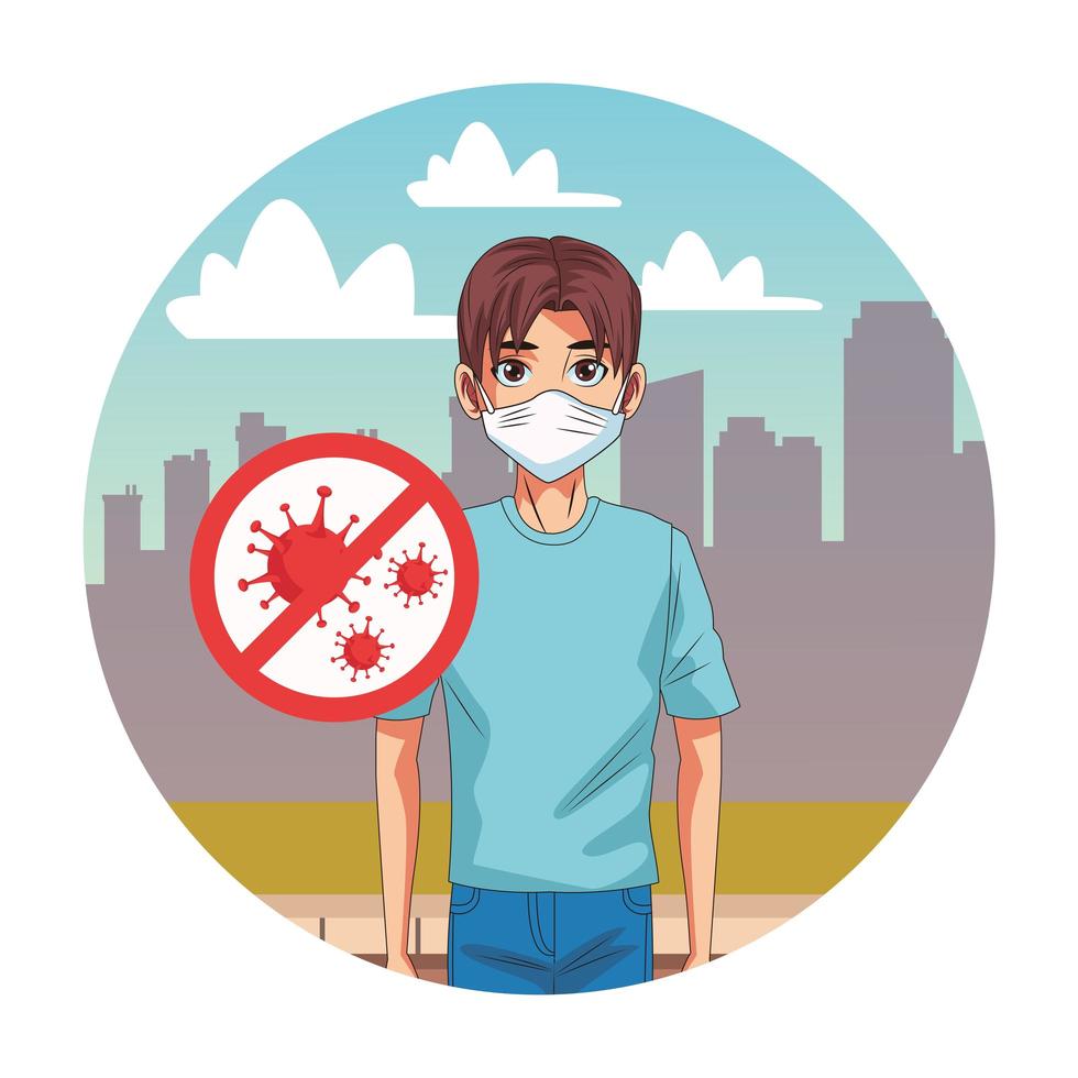 man using face mask with stop covid19 sign in the street vector