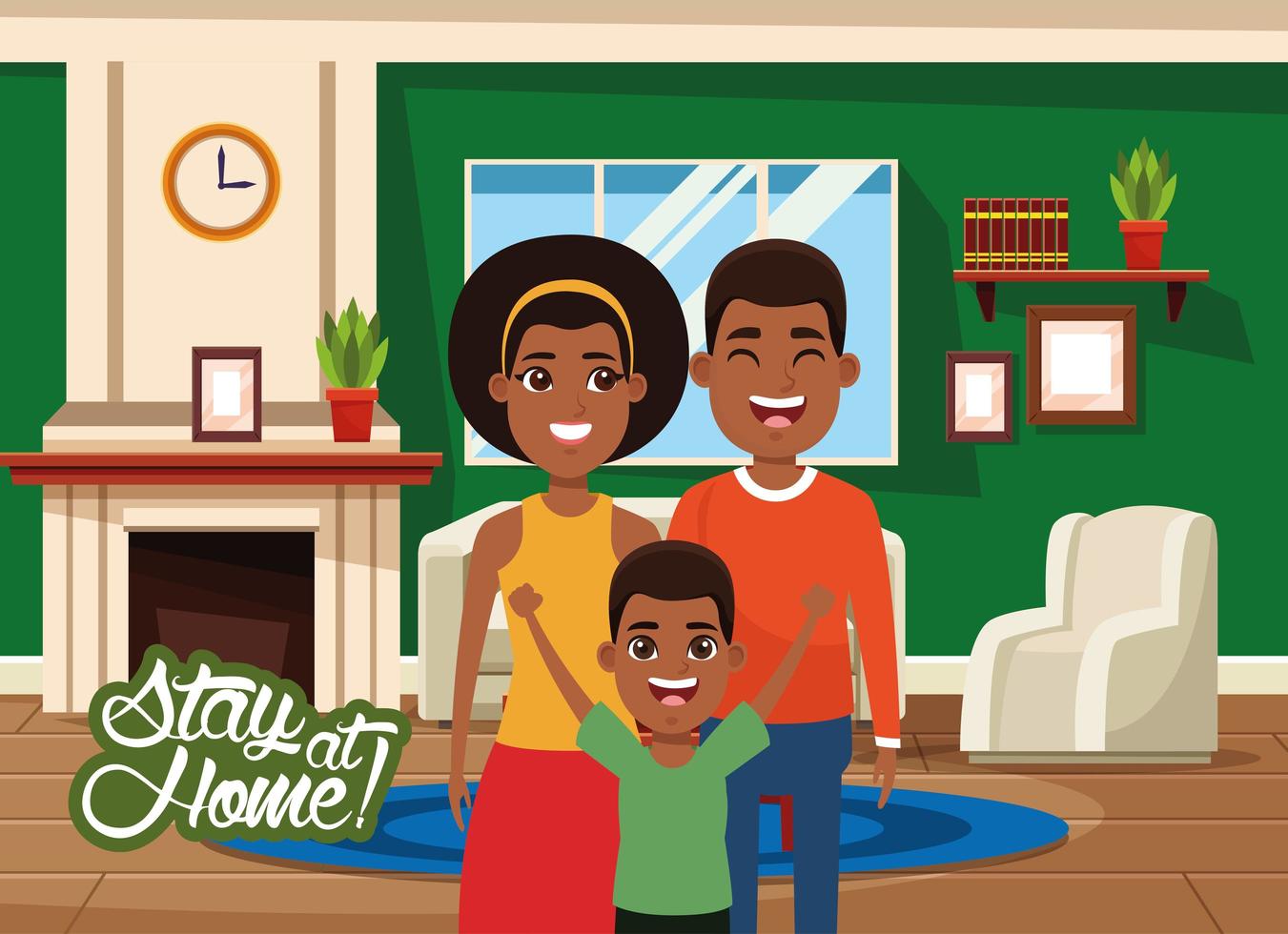 Campaña de estancia en casa con padres e hijo negros. vector