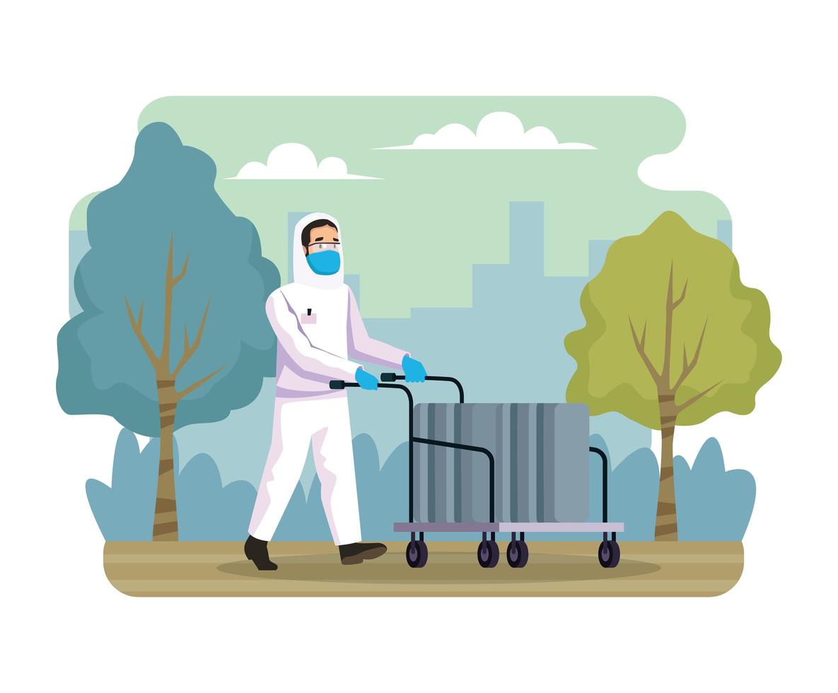 biohazard cleaning person with cart in the park vector