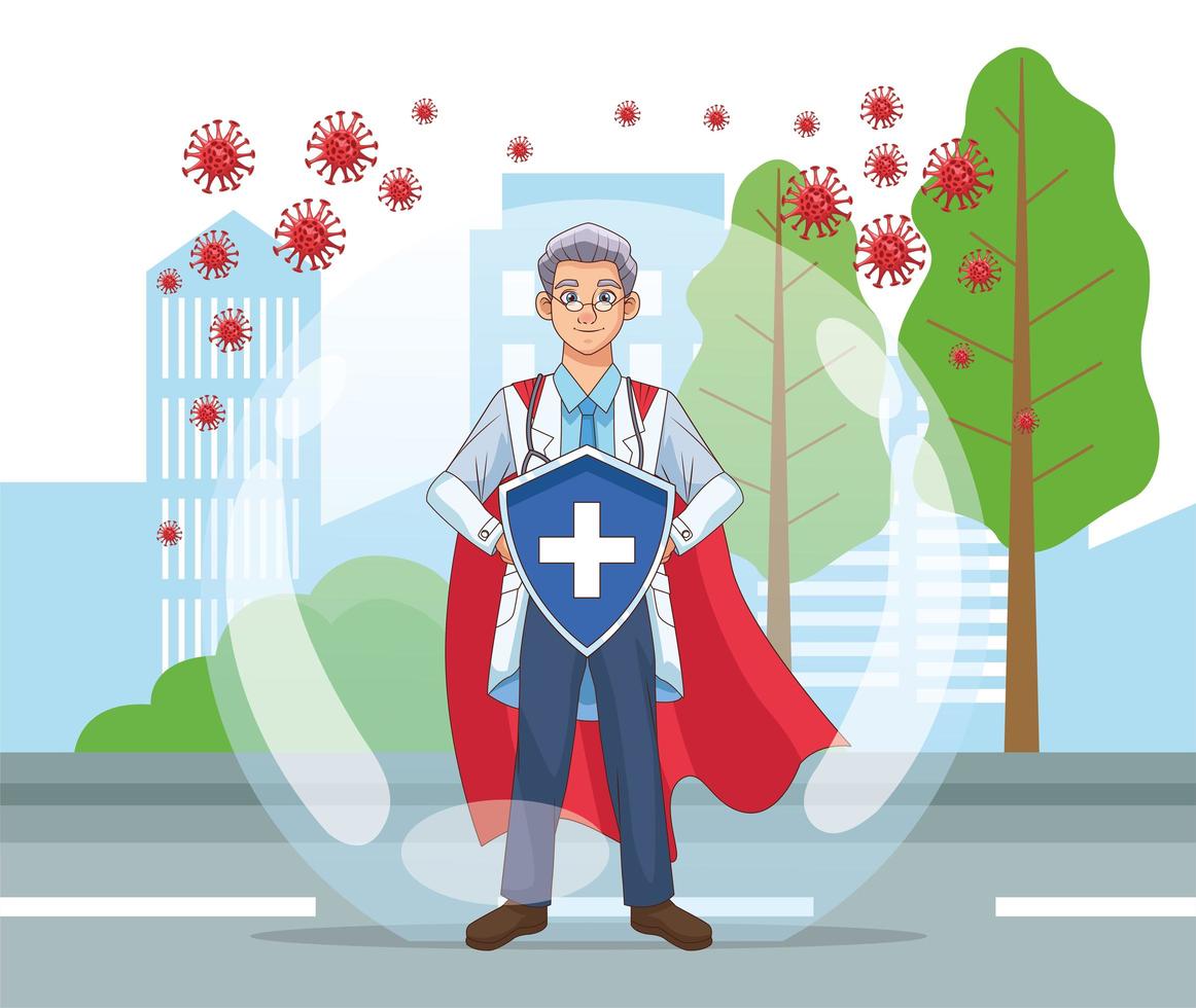 super doctor with shield and cloak vs covid19 vector