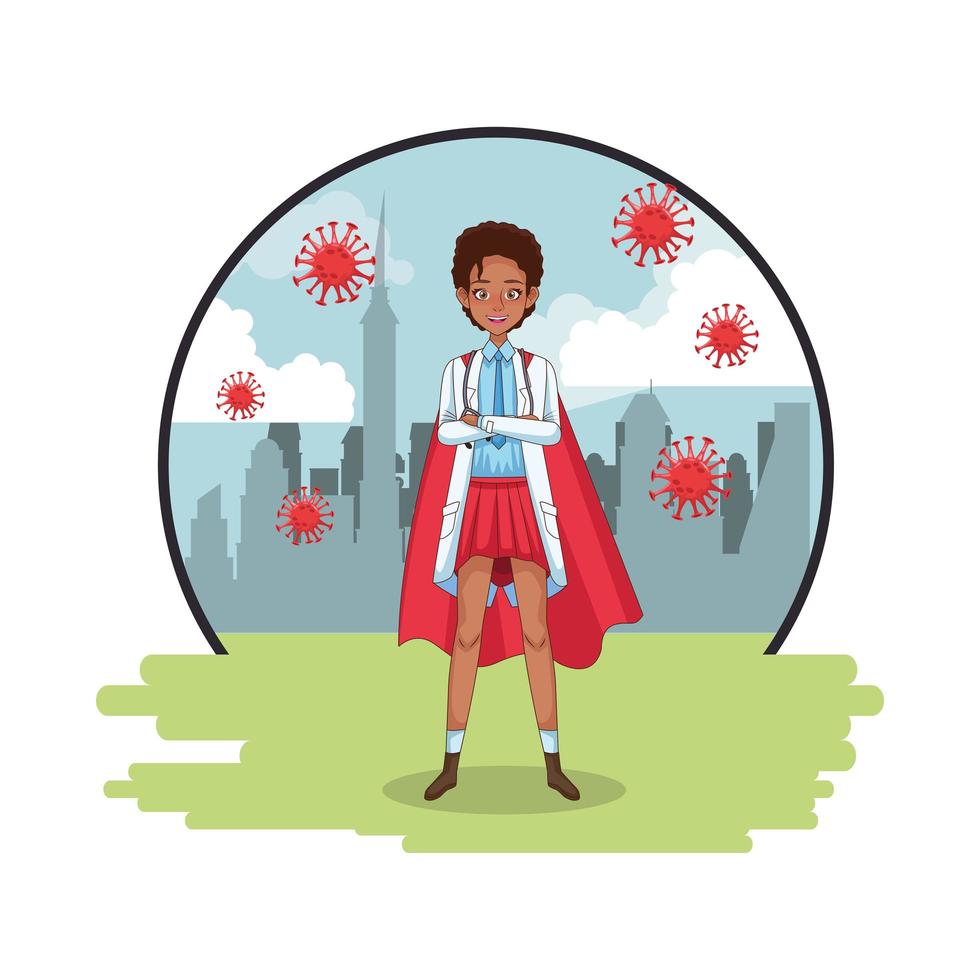 black female super doctor with hero cloak vs covid19 vector