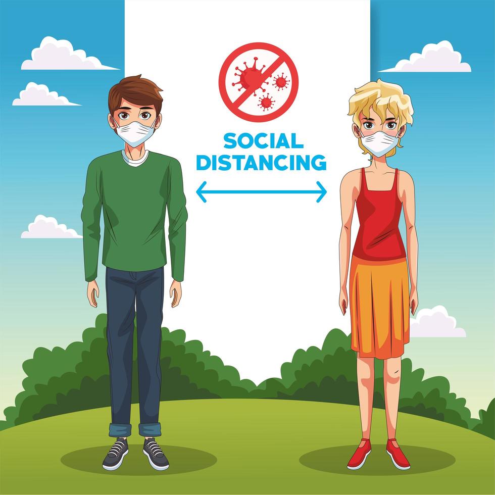 couple using face masks with stop covid19 signal in the park vector
