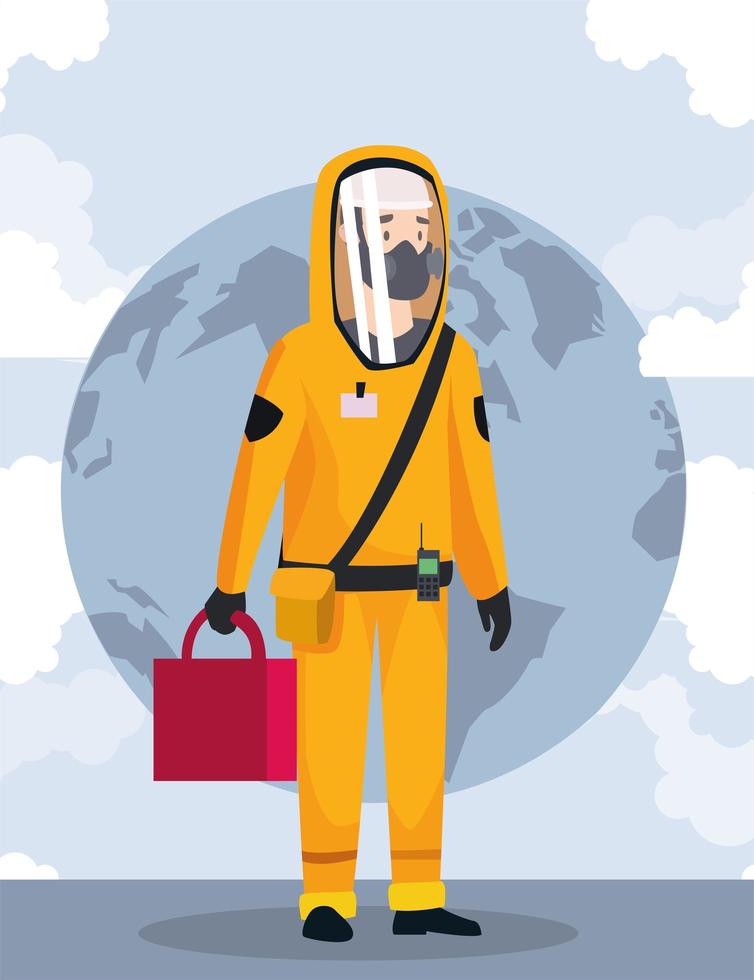 biohazard cleaning person with special suit and planet vector