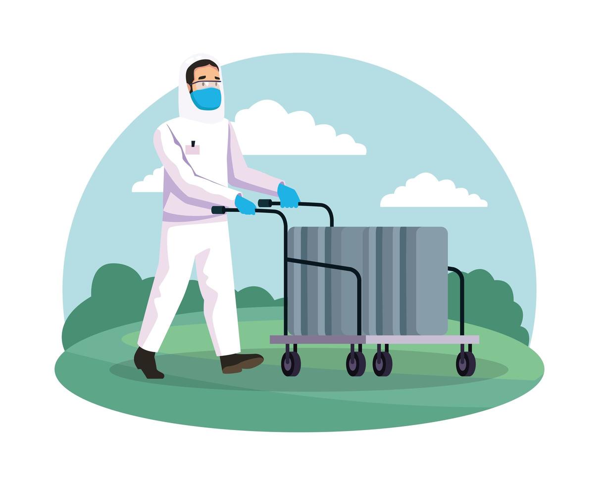 biohazard cleaning person with cart in the park vector