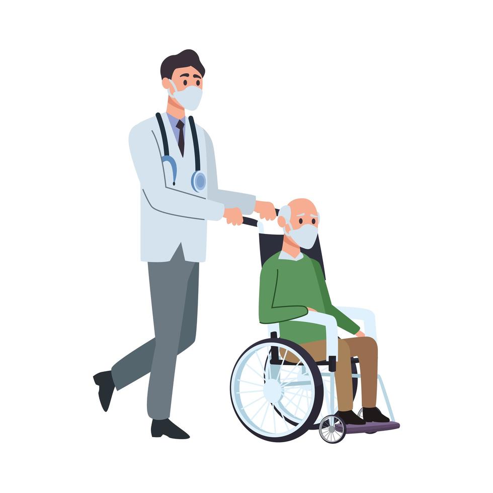 doctor with old man in wheelchair vector