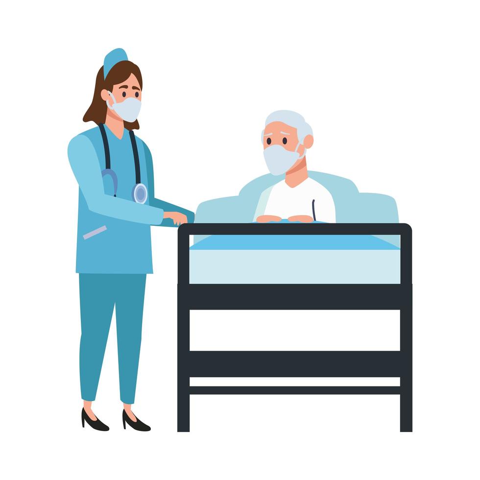 nurse attending to old man lying in bed vector