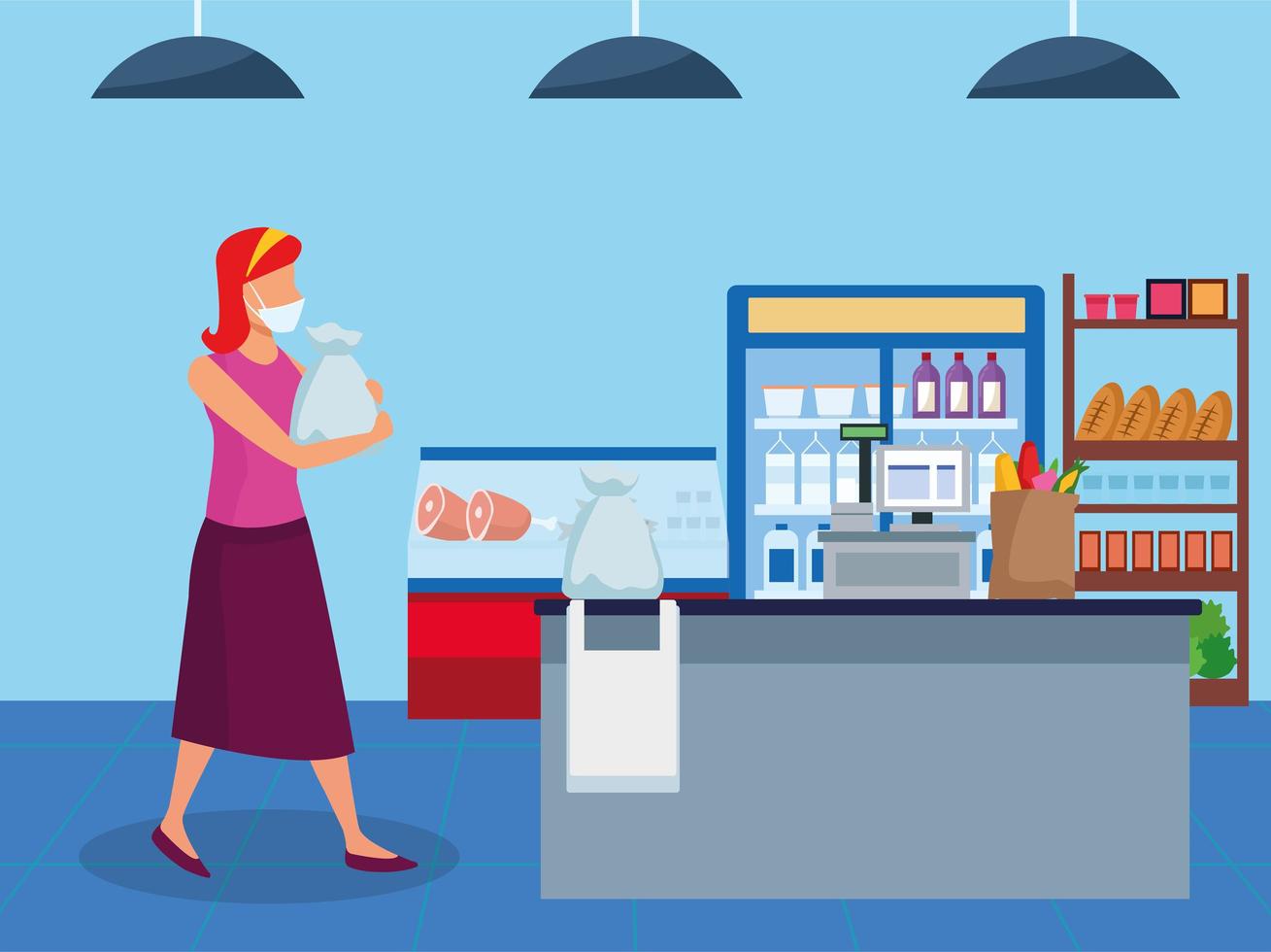woman using face mask in supermarket vector