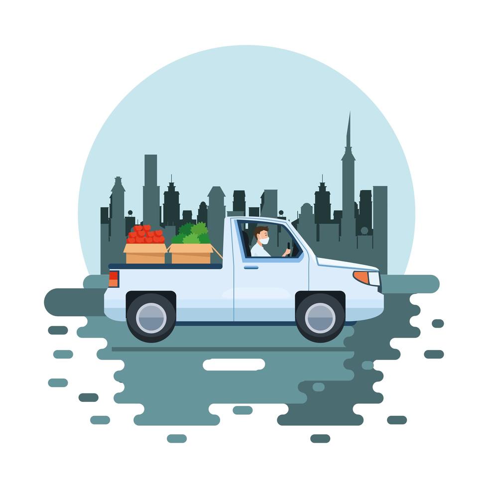 man wearing face mask and delivering vegetables in car vector