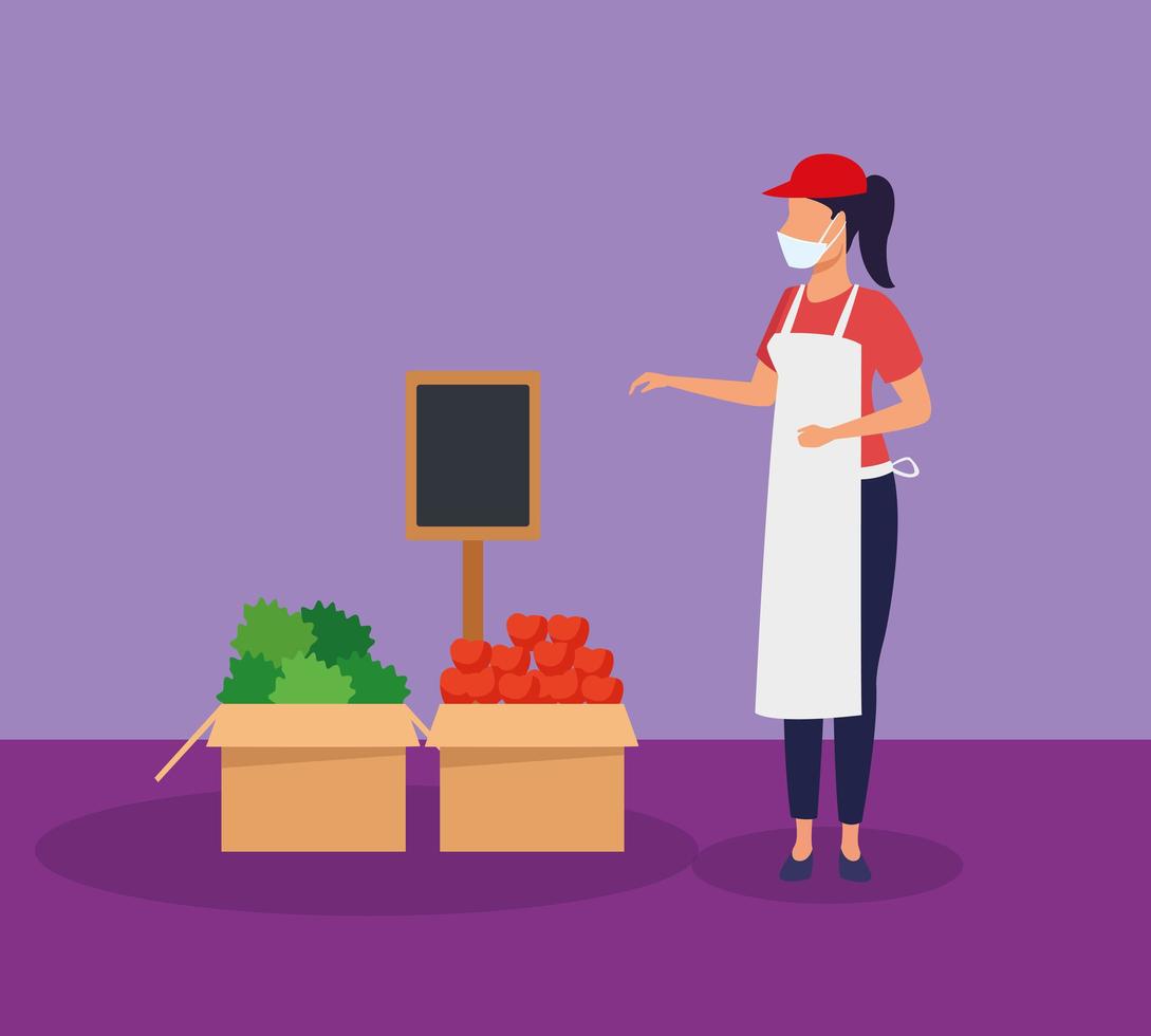 female supermarket worker with face mask vector