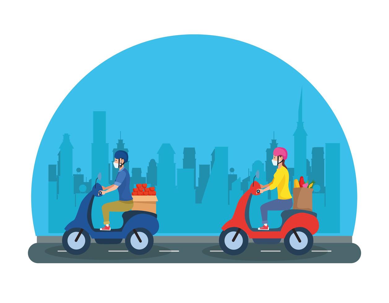 couple on motorcycles using face masks to transport groceries vector