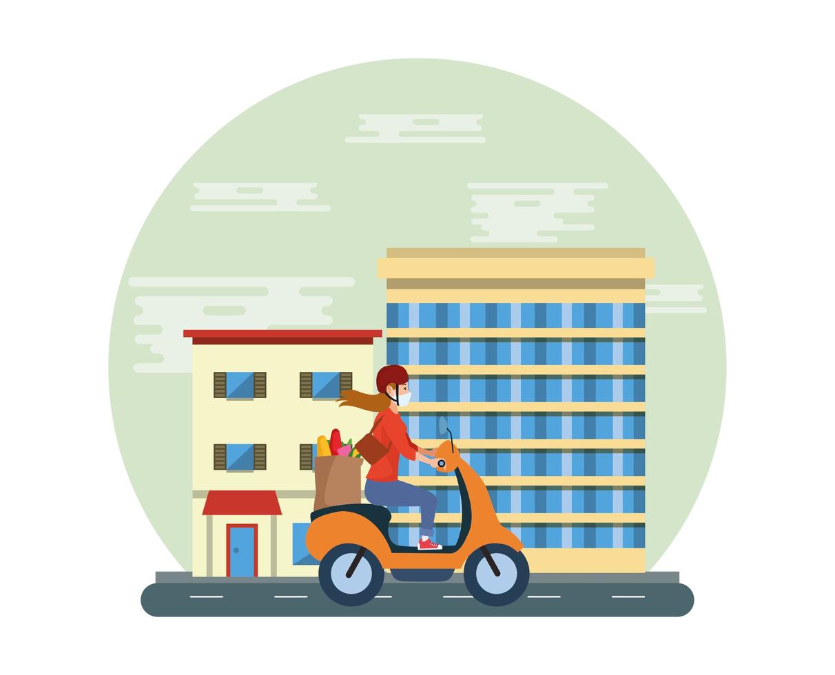 woman wearing a mask and using a motorcycle to deliver groceries vector