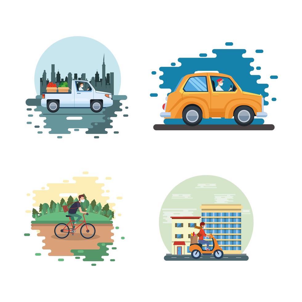 people using face masks transporting groceries vector