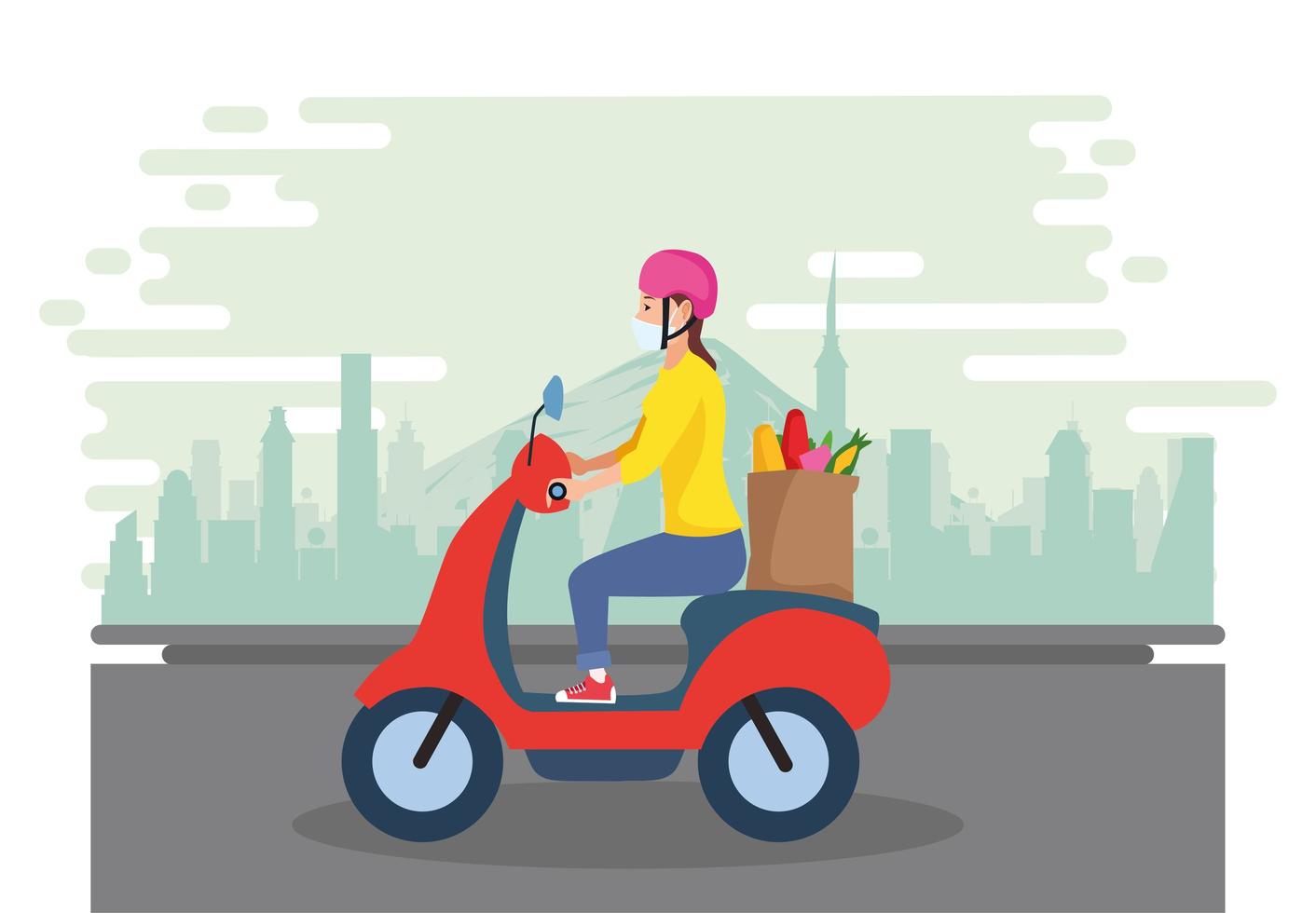 woman wearing a mask and using a motorcycle to deliver groceries vector