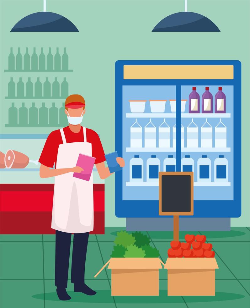 supermarket worker with face mask vector