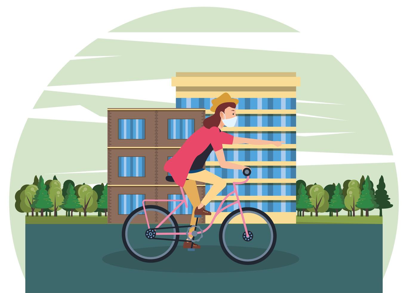 mujer con mascarilla y andar en bicicleta vector