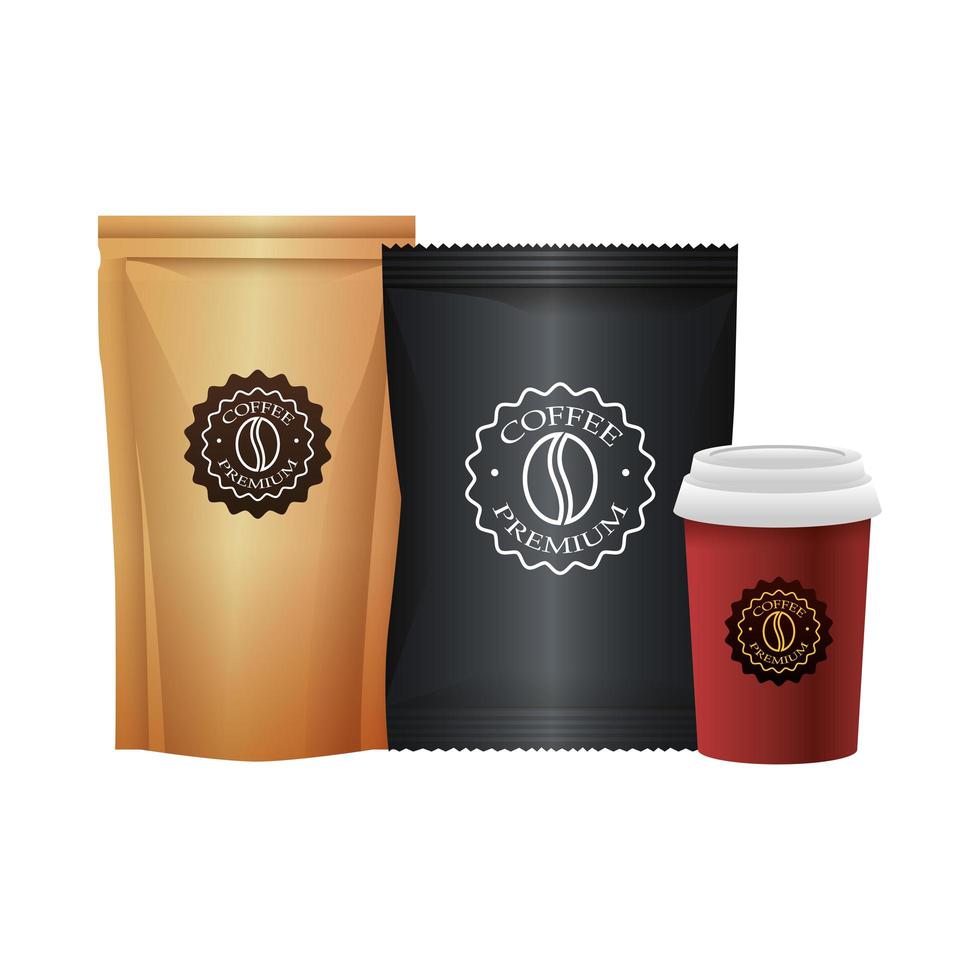 colorful takeaway coffee cup and bags of coffee beans vector