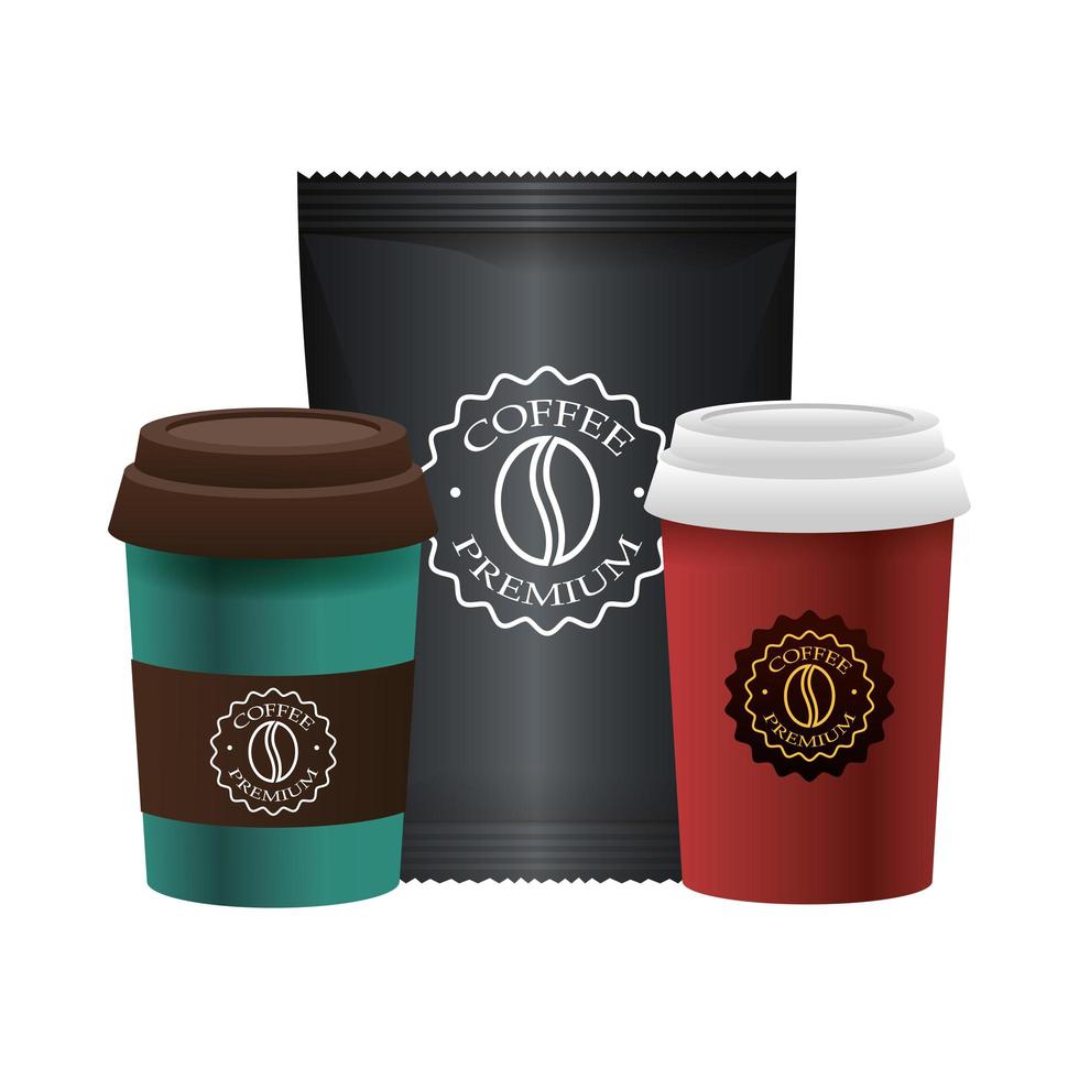 elegant cups of coffee and packing bag products vector