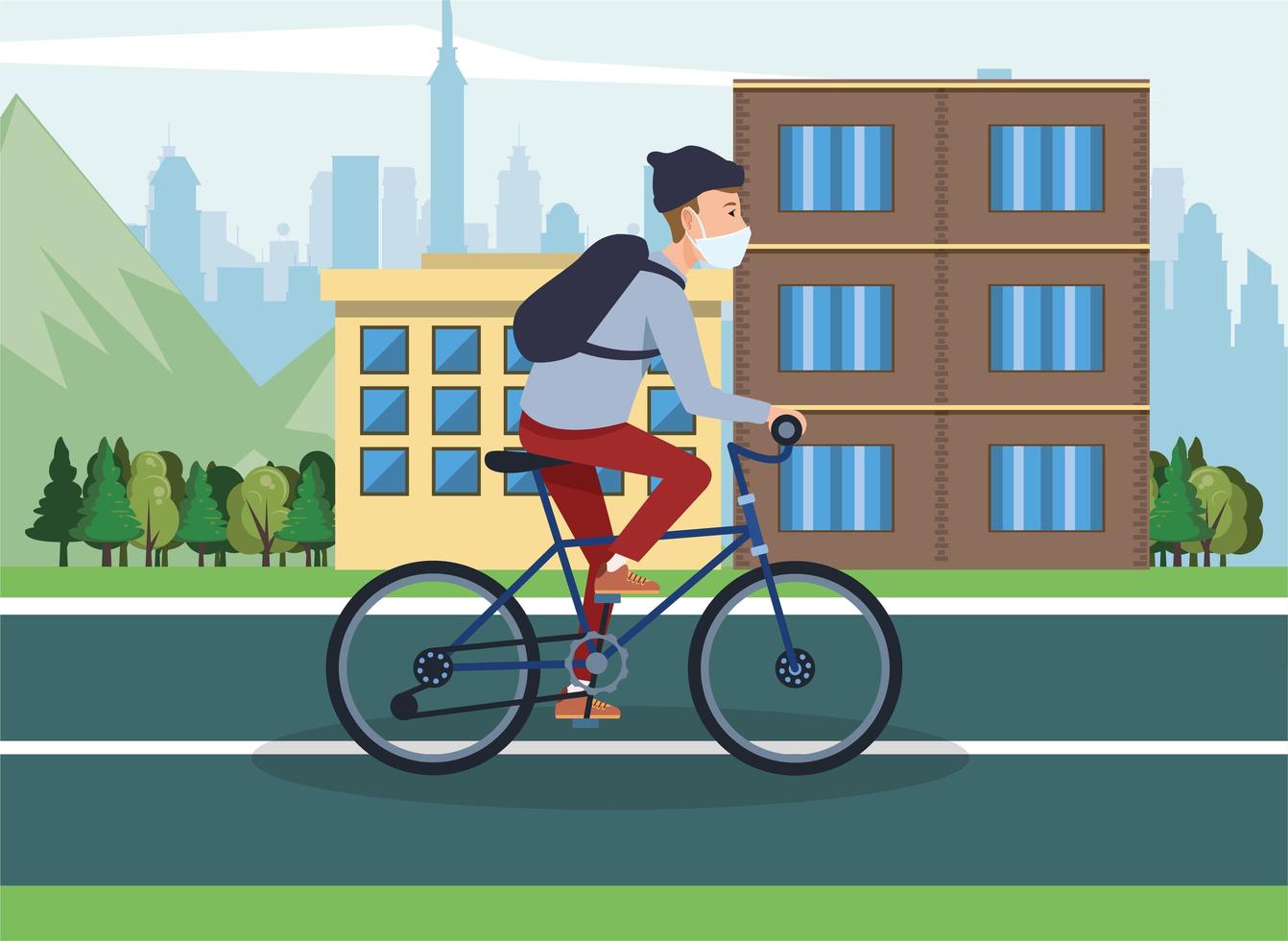 man wearing a face mask and riding a bicycle vector