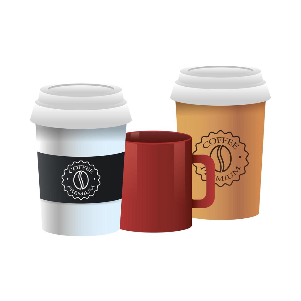 elegant cups and mug of coffee products vector