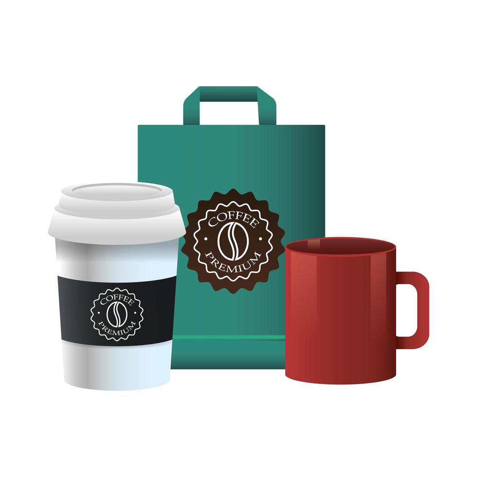 elegant cup and mug of coffee with packing bag product vector