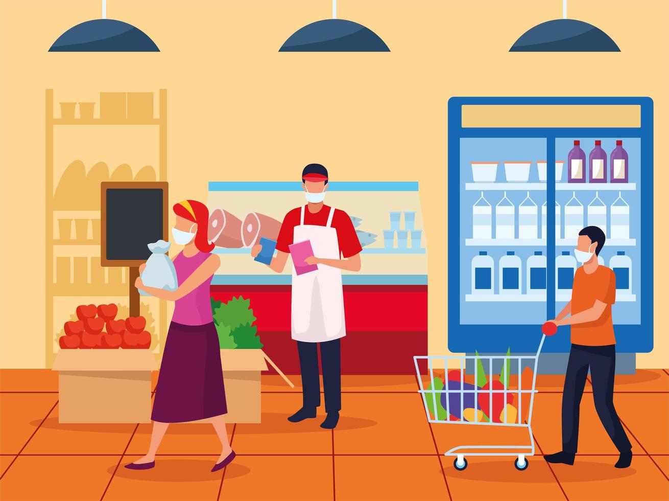 couple and worker using face masks in supermarket vector