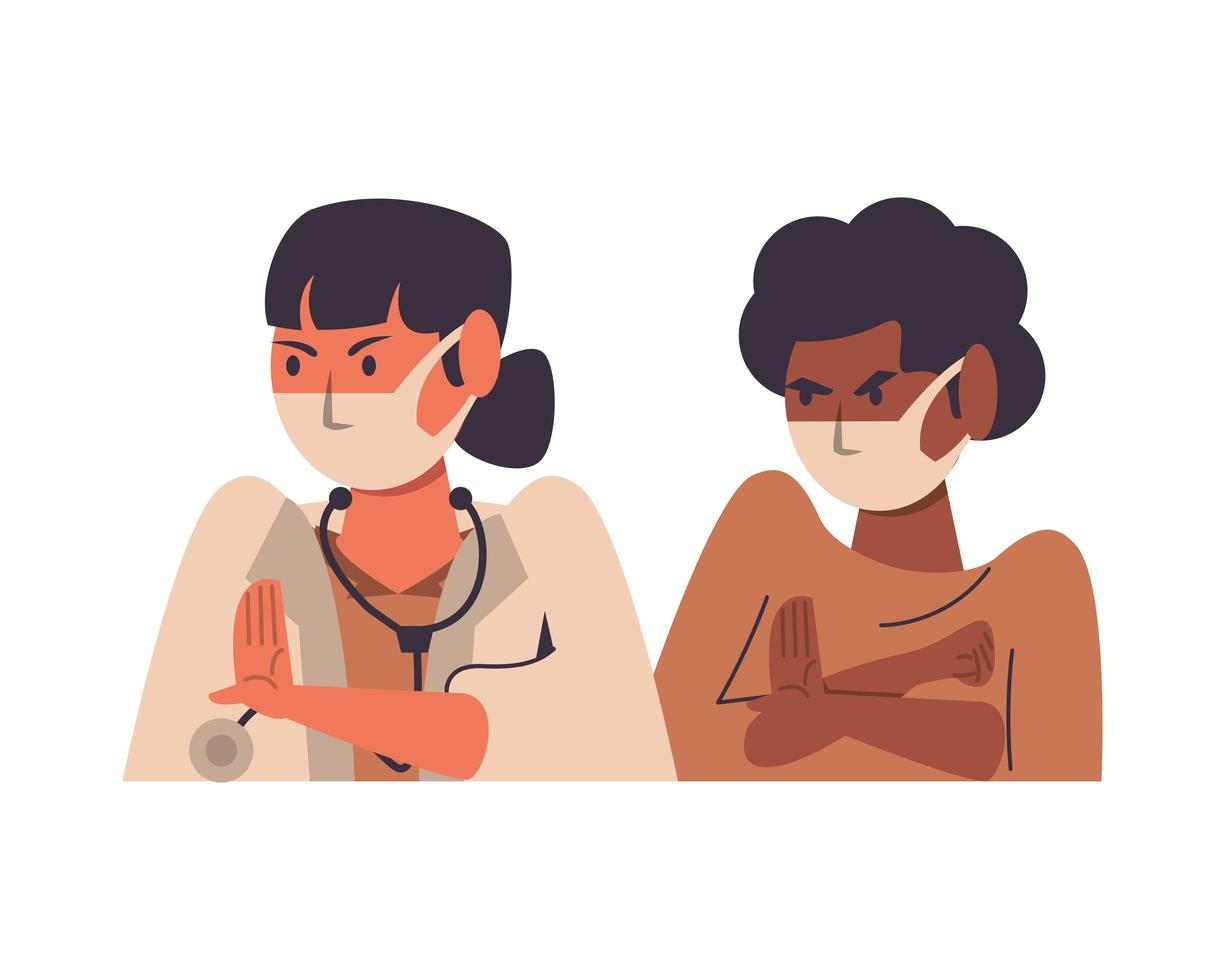 female doctor with patient using face masks vector