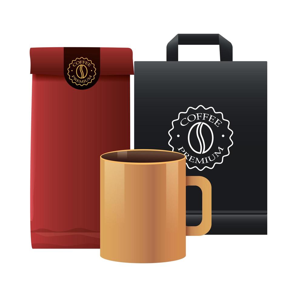 elegant bags and mug of coffee products vector
