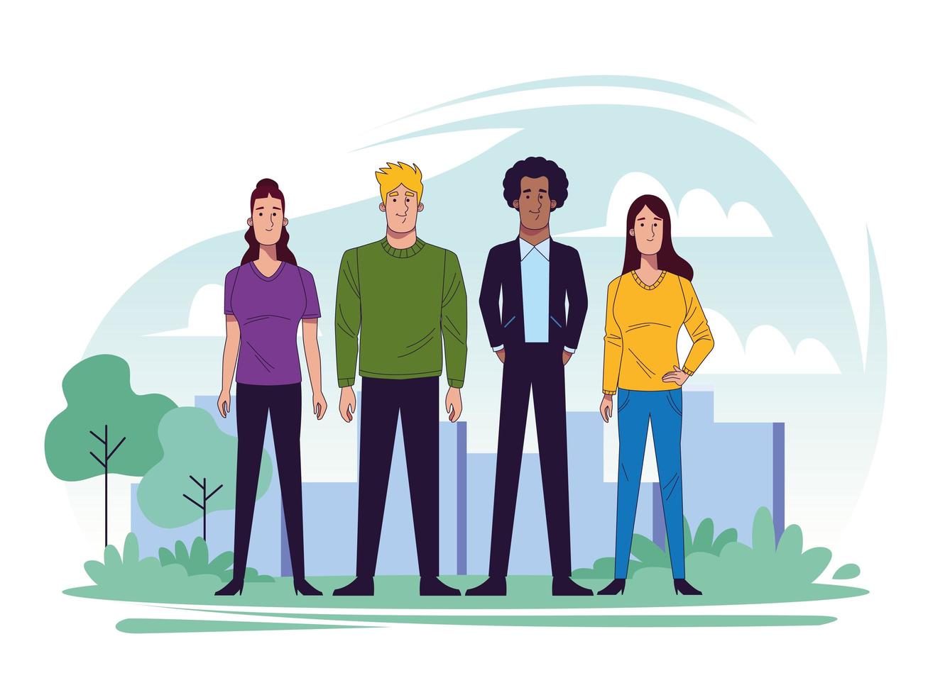 group of young people in landscape scene vector