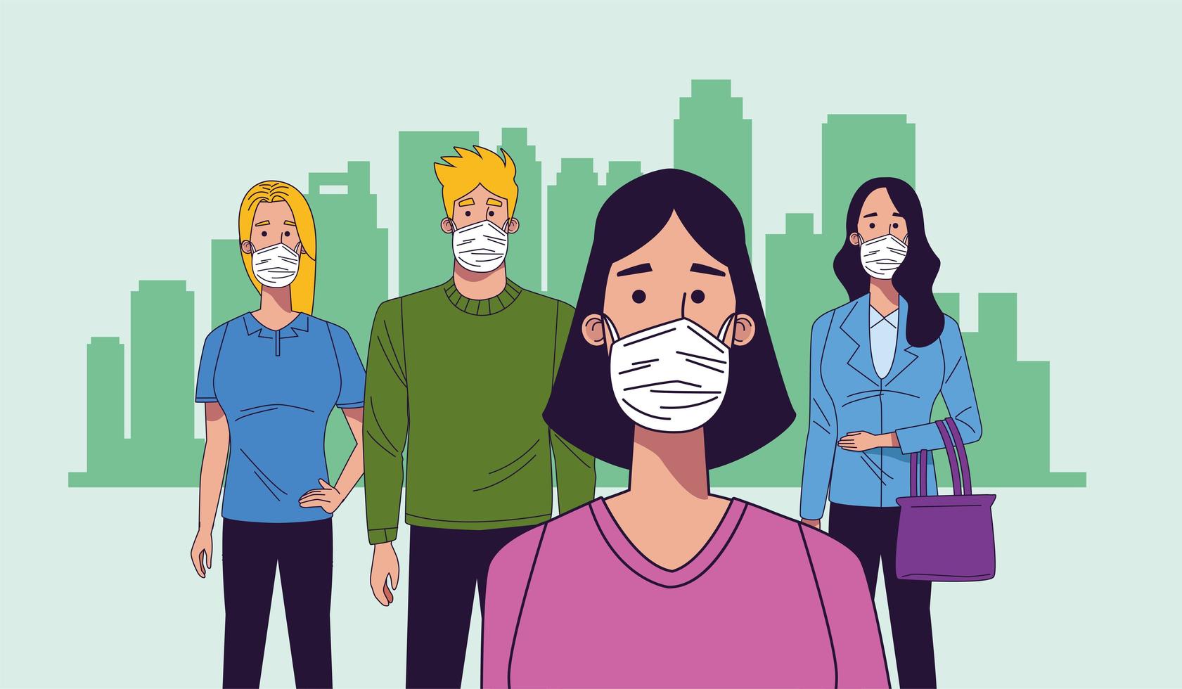 young people wearing medical masks characters vector