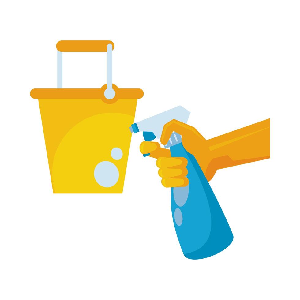 hand with spray bottle with disinfectant and bucket vector