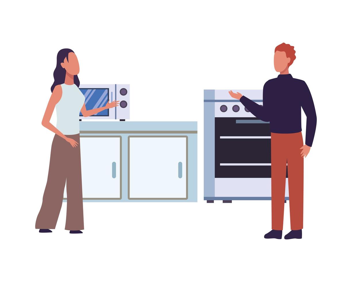 young couple in fashionable clothing with kitchen appliances vector
