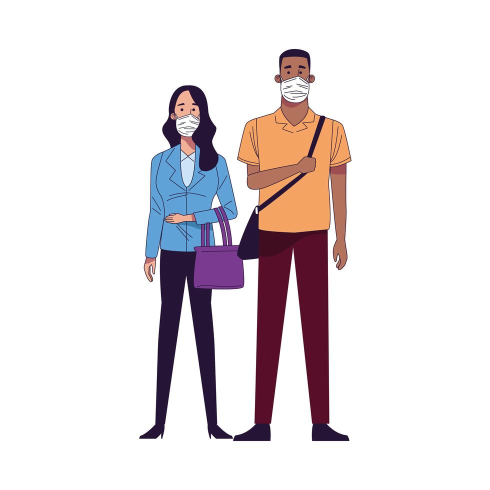 diverse couple wearing medical masks characters vector