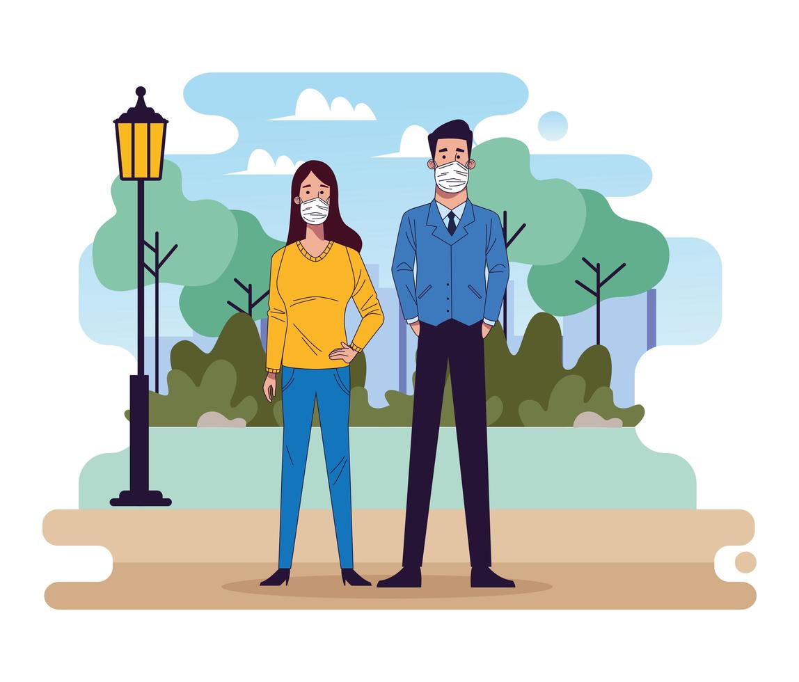 young couple wearing medical masks in the park vector