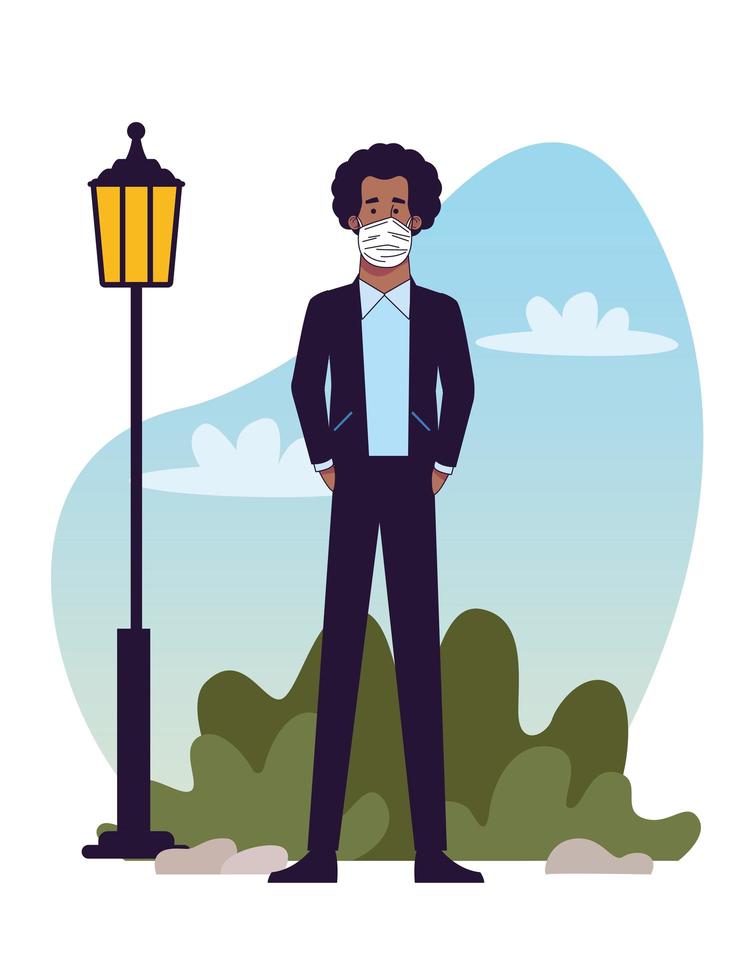 young black man wearing medical mask in the park vector