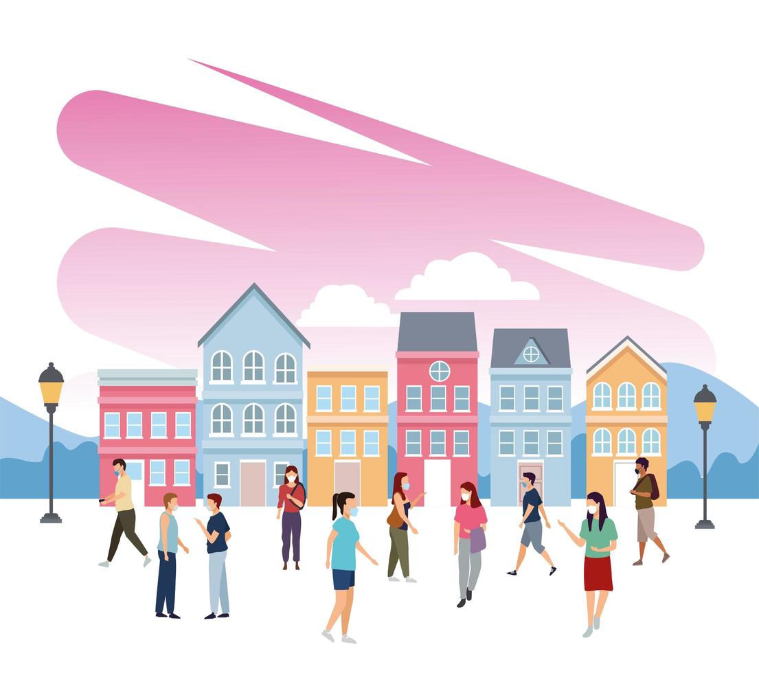 group of young people wearing medical masks in the city vector