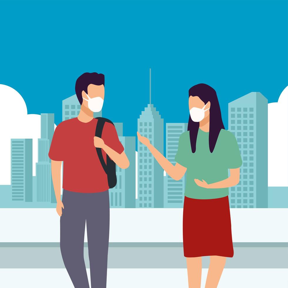 young couple wearing medical masks in the city vector