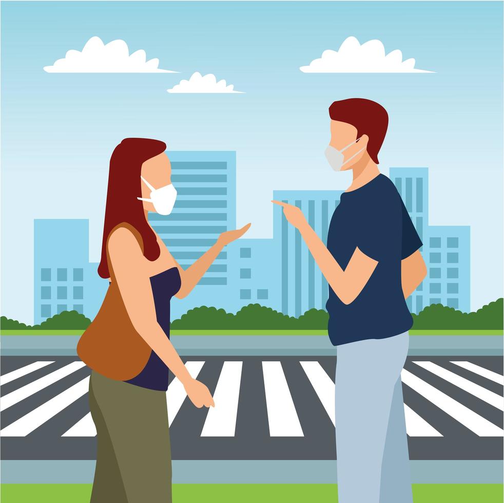 young couple wearing medical masks by the road vector