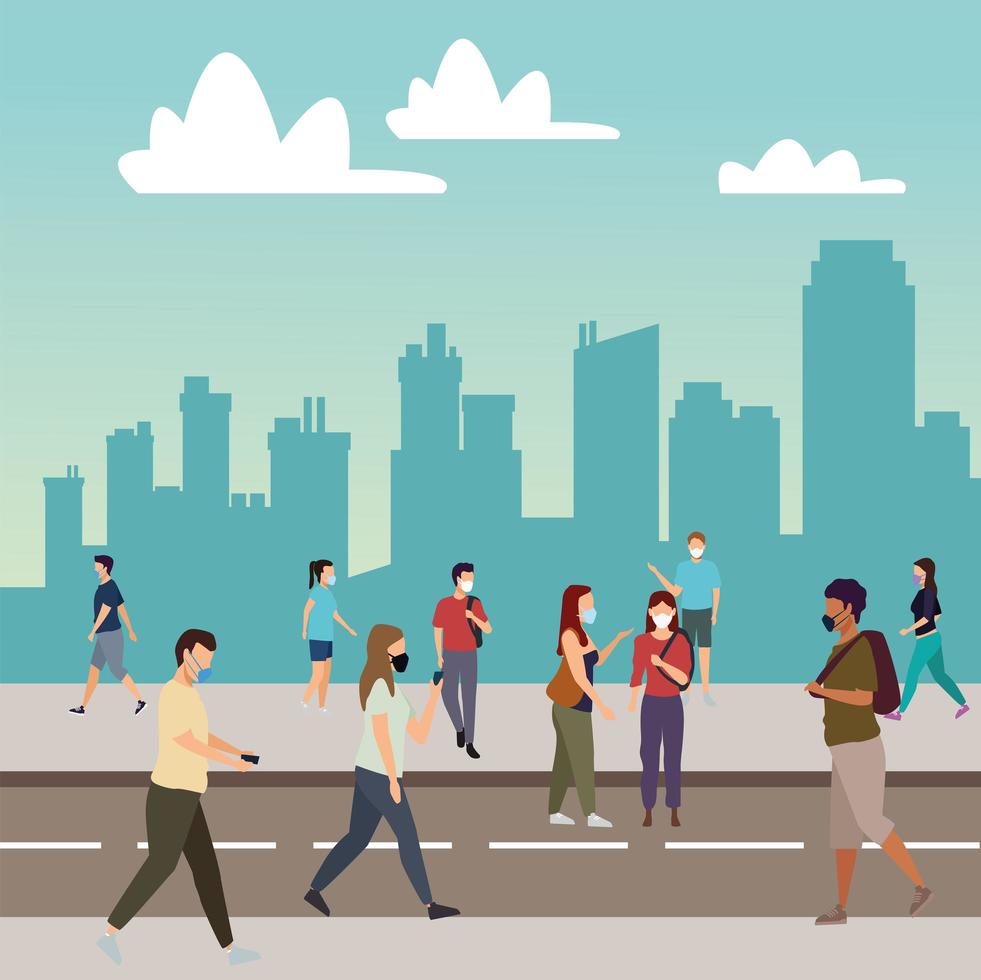 group of young people wearing medical masks on the road vector