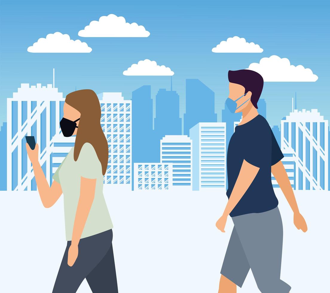 young couple wearing medical masks in the city vector