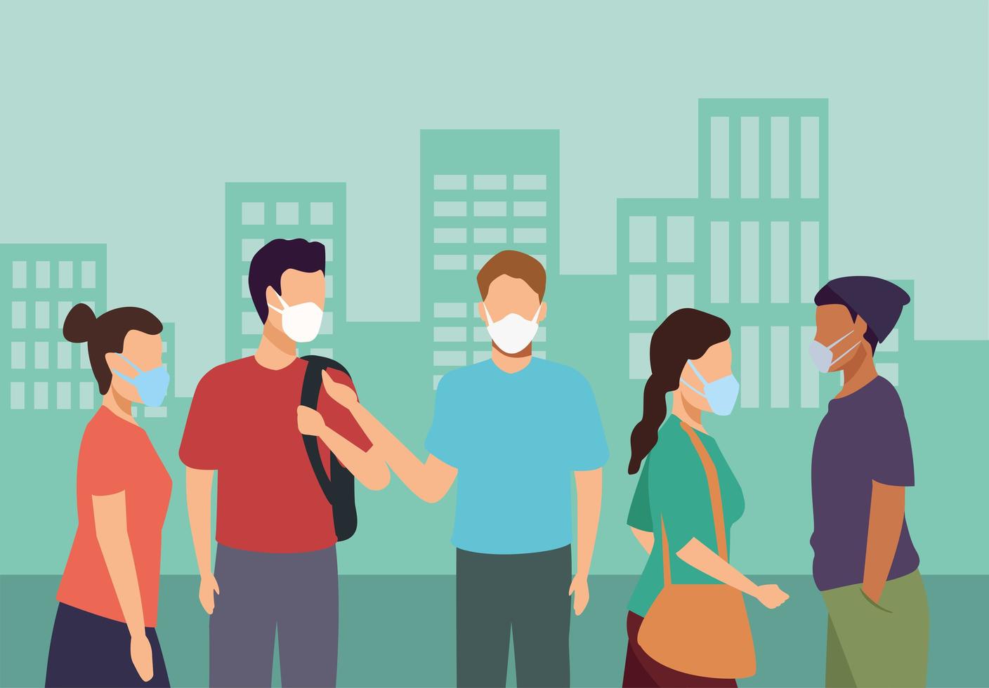 group of young people wearing medical masks in the city vector