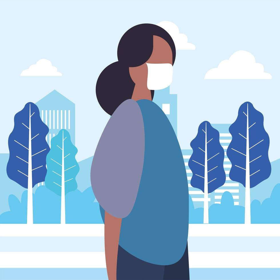 young black woman wearing medical mask in the park vector