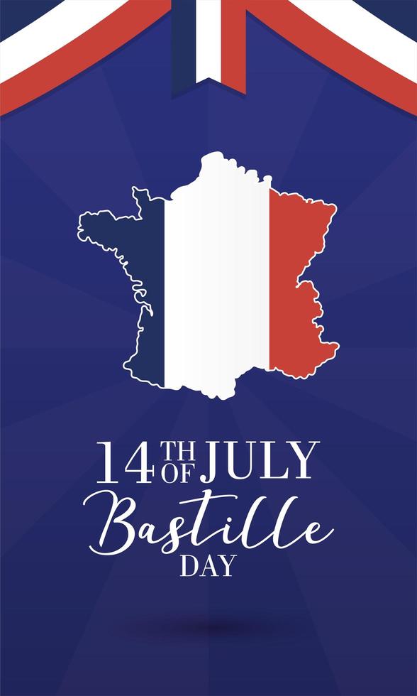 Tarjeta de celebración del día de la bastilla con mapa de Francia vector