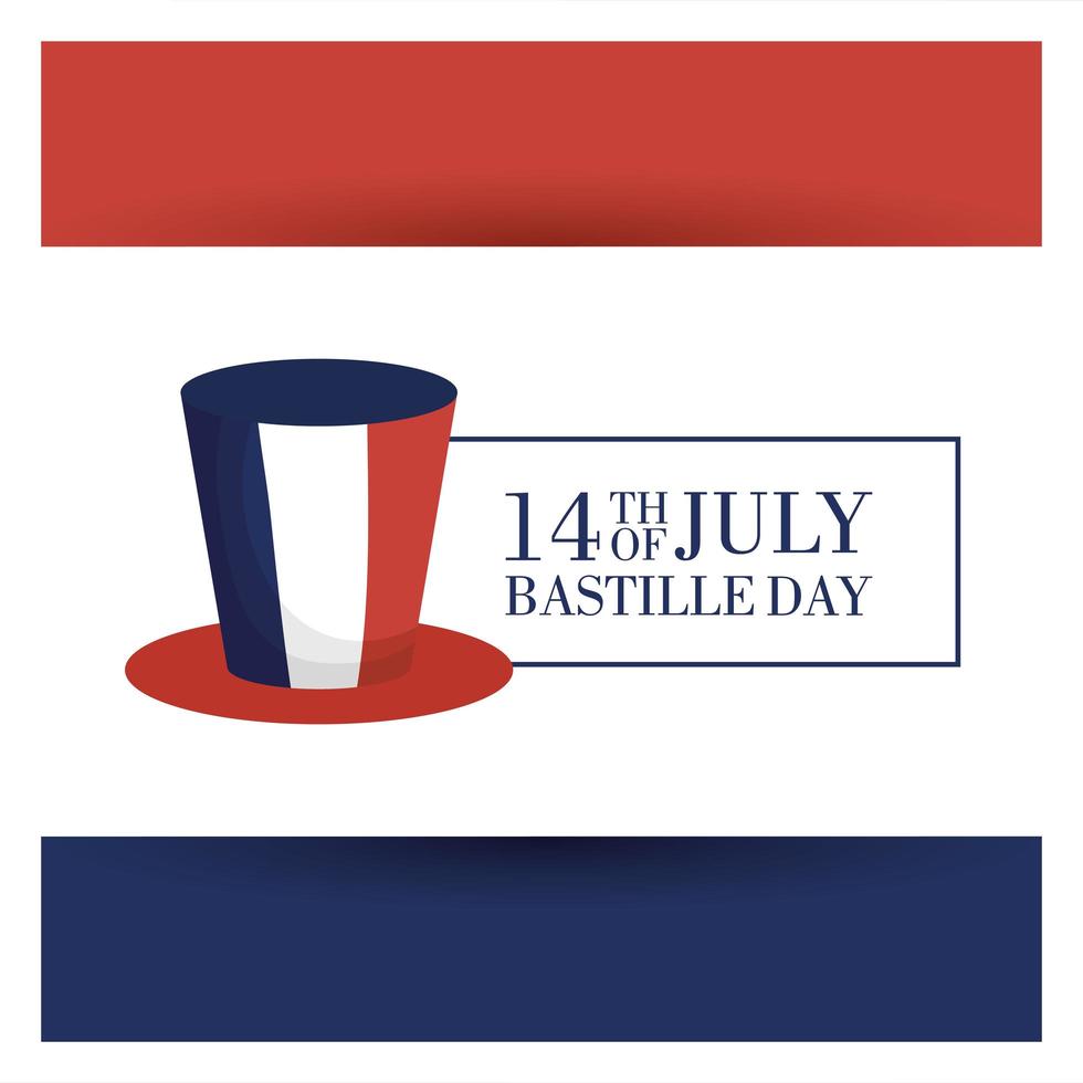 Bastille day celebration card with French flag and top hat vector