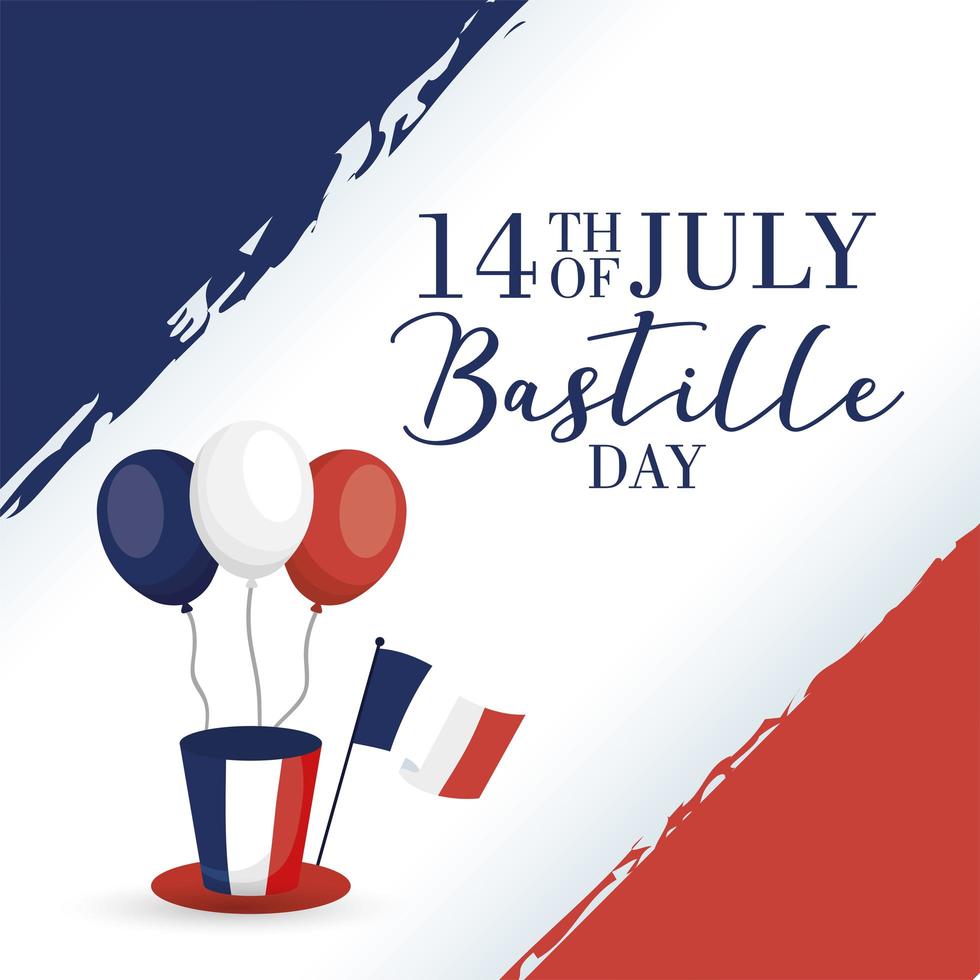 Bastille day celebration card with French flag, balloons and top hat vector