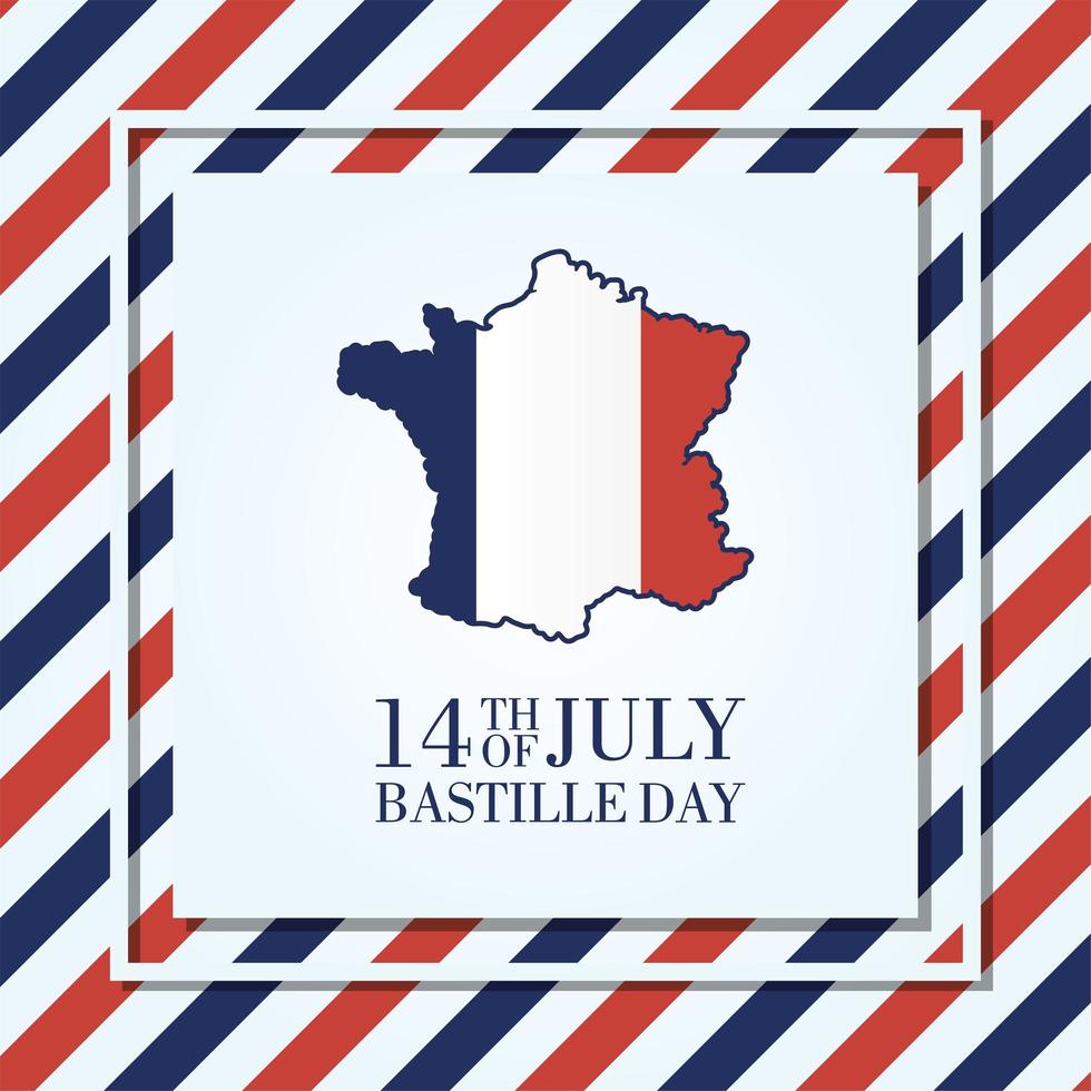 Tarjeta de celebración del día de la bastilla con mapa de Francia vector