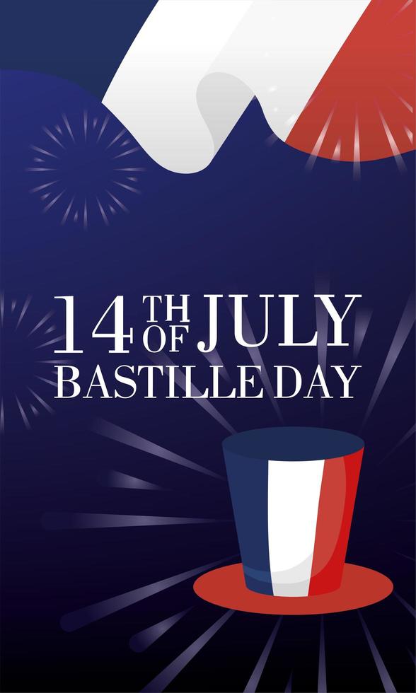 Bastille day celebration card with French flag and top hat vector