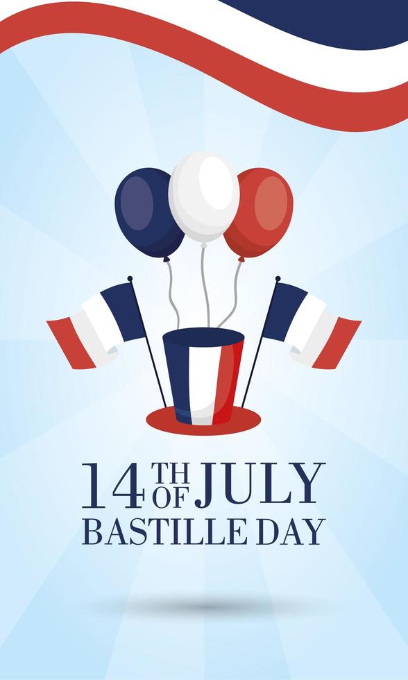 Bastille day celebration card with French flags, balloons and top hat vector