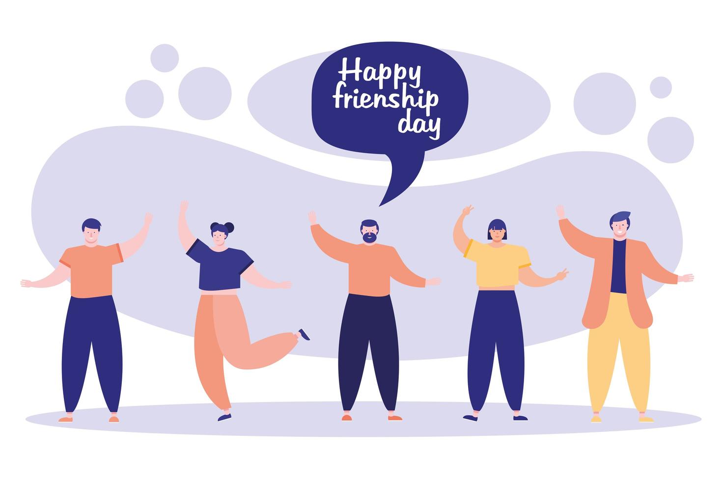 friendship day celebration with young people and speech bubble vector